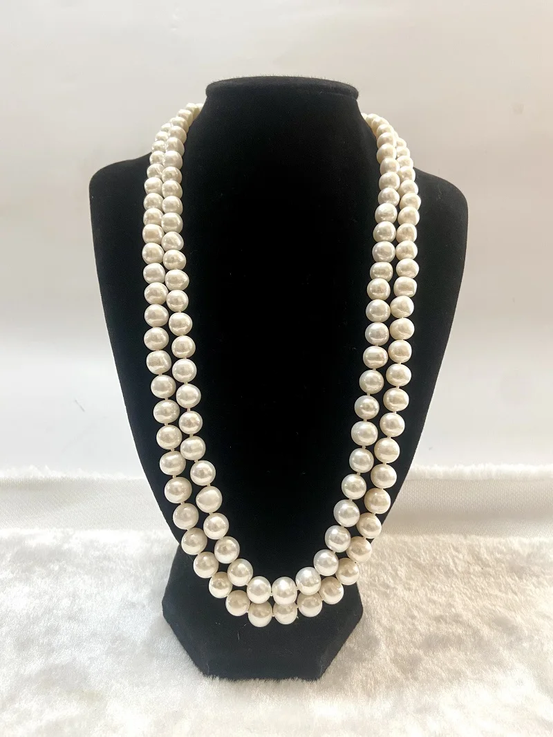 White Pearl Necklace for Women 9-10mm Double Strands Nearly Round Pearl Bright Luster 925 Sterling Silver