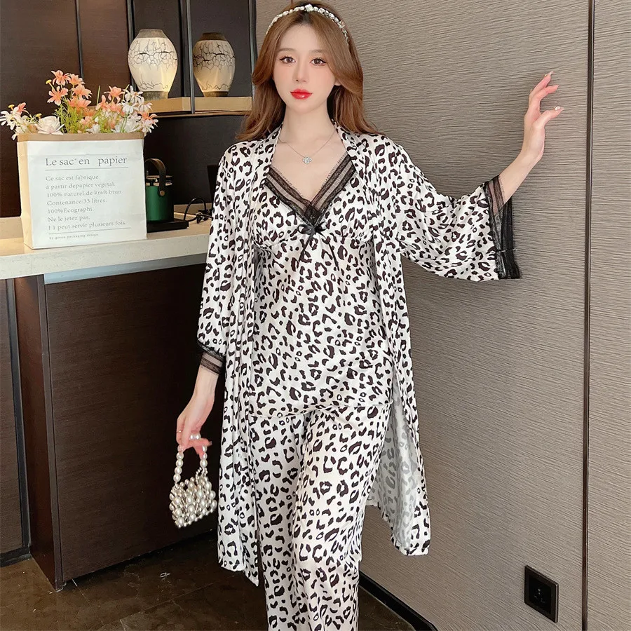 

Spring Women Leopard Printed Stain 3Pcs Pajamas Sets Sleepwear Nightwear Lace Trim Robe Sling Pants Sleep Pijamas Homewear