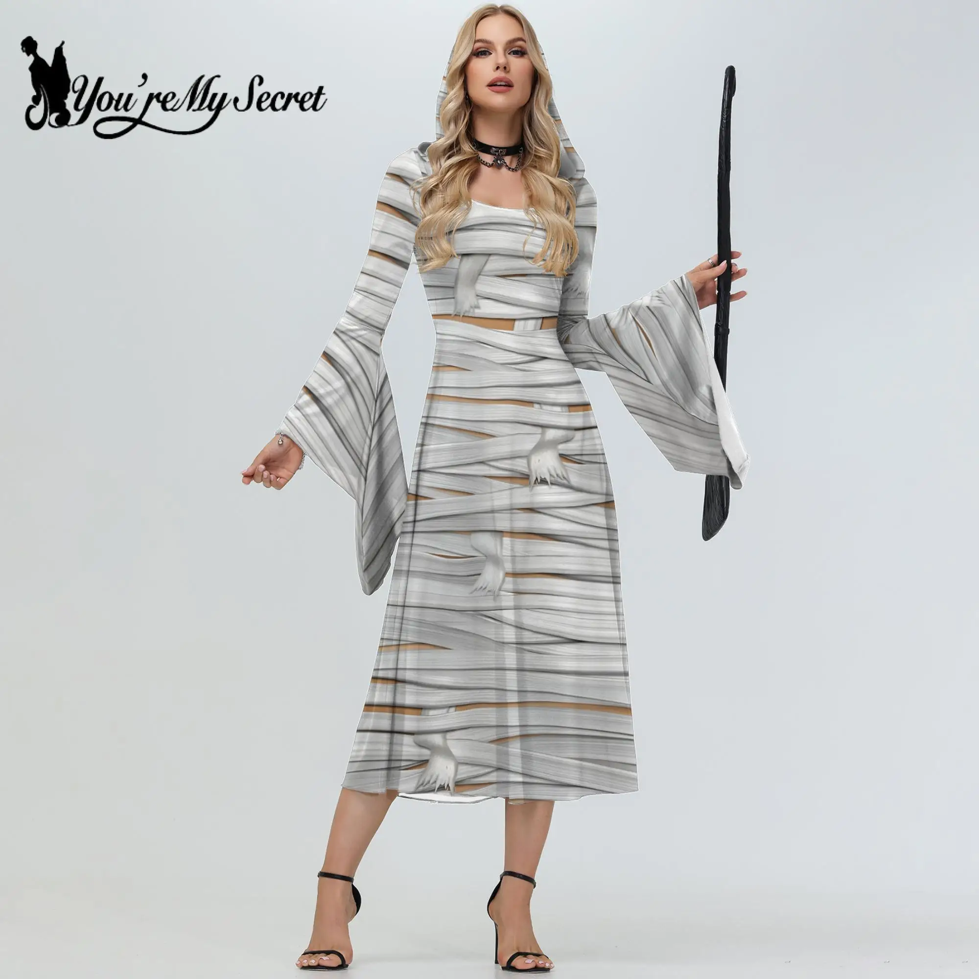 

[You're My Secret] Womens's Medieval Mummy ptinted Renaissance Hoodie Witch Long Dress Flare Sleeve Party Prom Cosplay Clothes