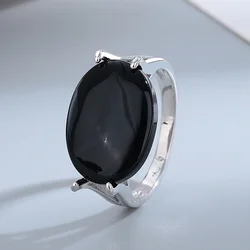 13*18mm Oval Big Black Agate Stone Silver Jewelry Ring Natural Vintage Ring For Women Party Gifts