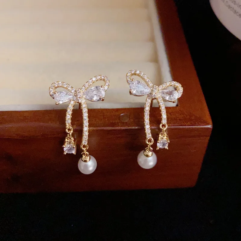 New Korean 14K Gold Plated Niche Luxury Pearl Full Zircon Bowknot Bohemia Stud Earrings For Women Elegant Exquisite Jewelry