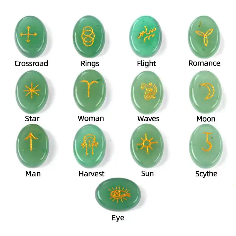 13Pcs/set Witch Rune Natural Stones Set Engraved Oval Crystal Agate for Divination Dowsing Meditation Balancing Spiritual Gifts