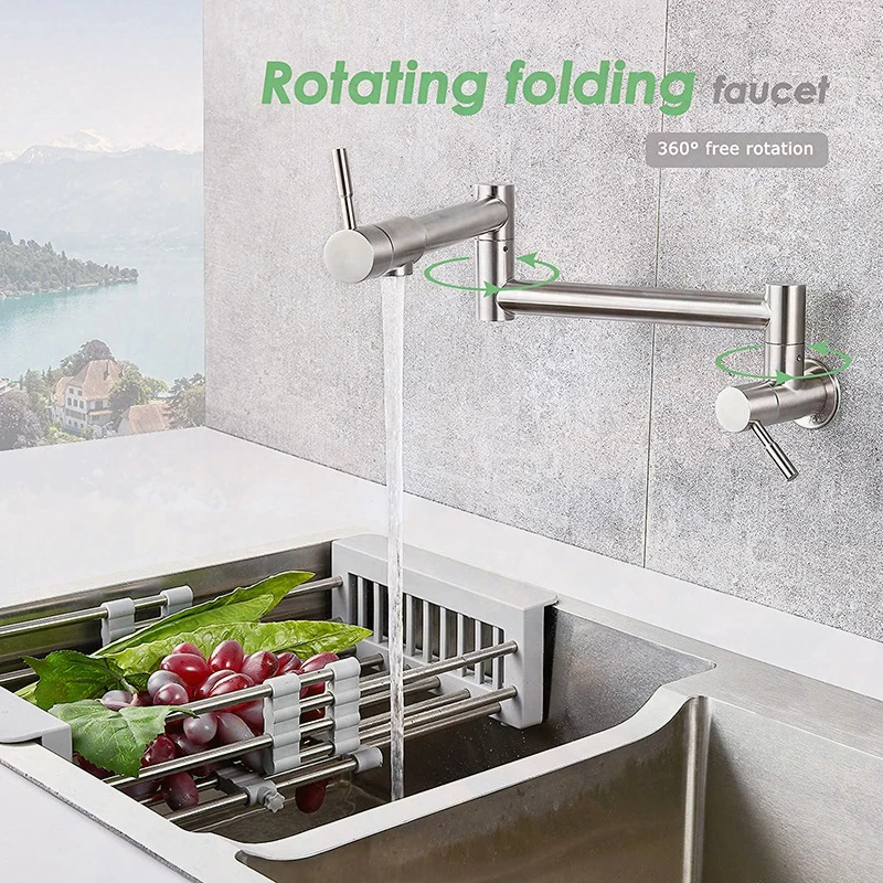 Rotate Folding Spout Bathroom Kitchen Faucet Pot Filler Tap Single Lever Wall Mount Cold Water Sink Black/Brushed