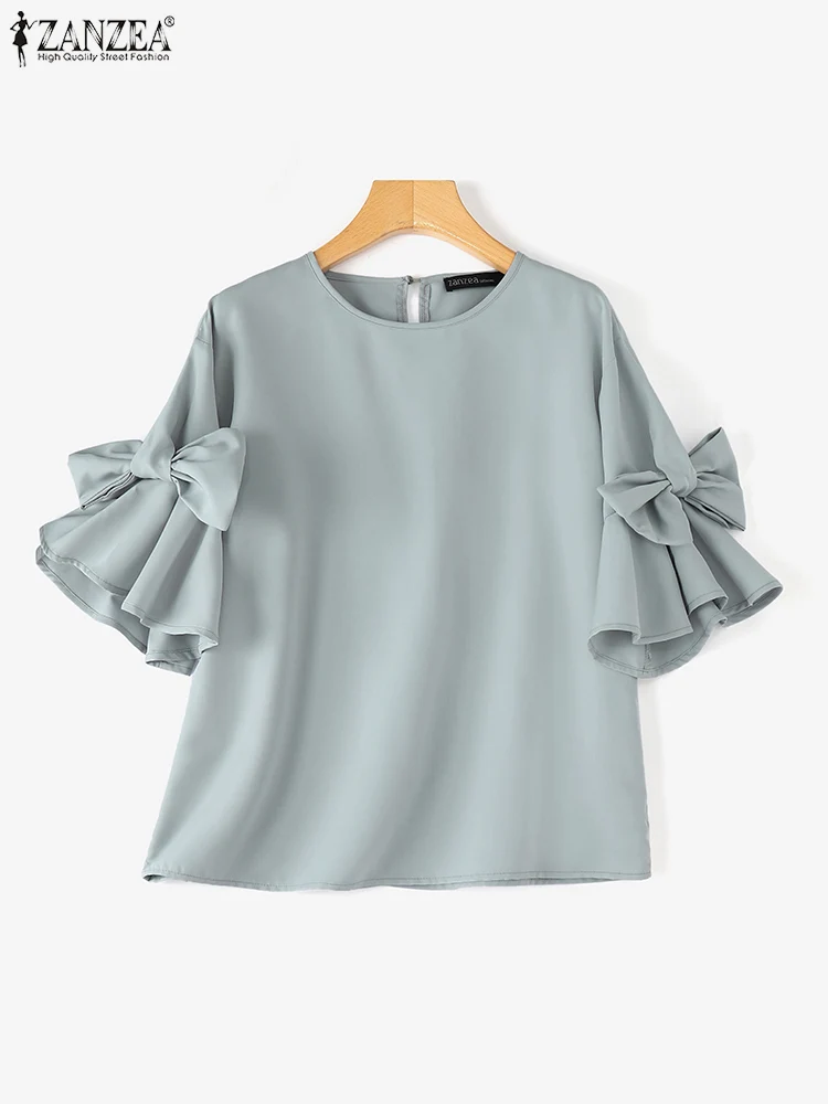 ZANZEA Women Korean Ruffles Chiffon Blouse Autumn Elegant Lantern Short Sleeve Tops Spring Shirt Vintage Bow Tie Patchwork Tunic