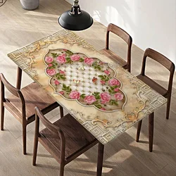 Classical Flower Fitted Rectangle Tablecloth Washable Butterfly Waterproof Polyester Table Cover Elastic Edge Kitchen Dining