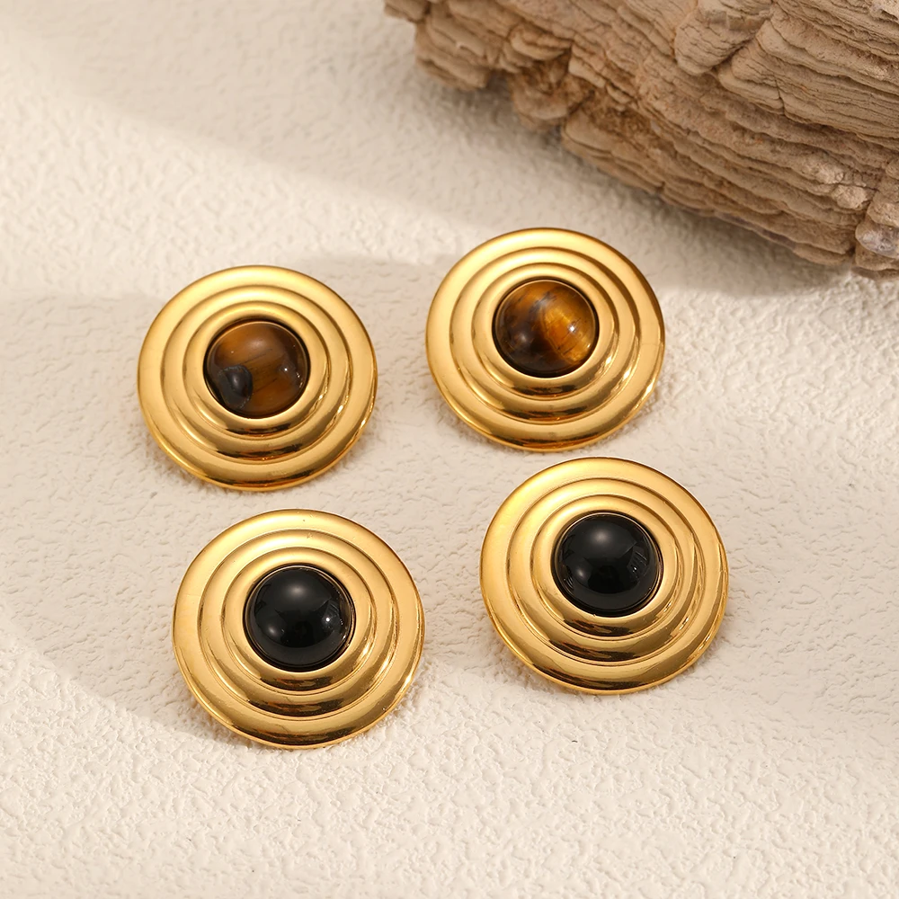 2025 Neues Design Naturstein Edelstahl Runde Ohrstecker für Damen 18k Vergoldet Wasserdichter Schmuck Geschenke – Detail 1