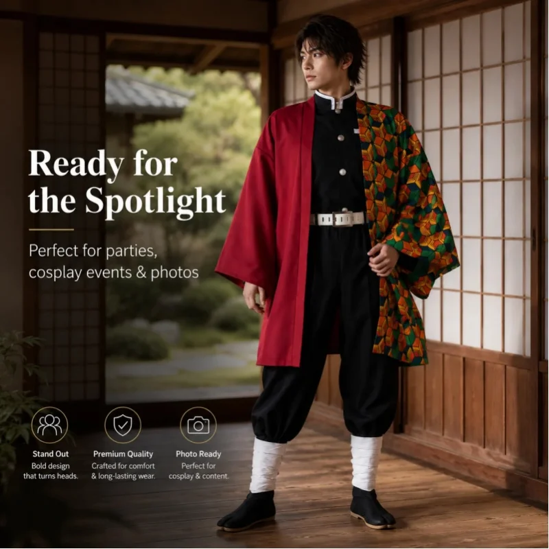 Japanischer zweifarbiger Haori-Kimono im Cosplay-Stil, komplettes Set, halb einfarbig rot, halb mit geometrischem Würfelmuster, Außenrobe mit schwarzem Uniform-Oberteil, Hose, Gürtel und Beinwickeln
