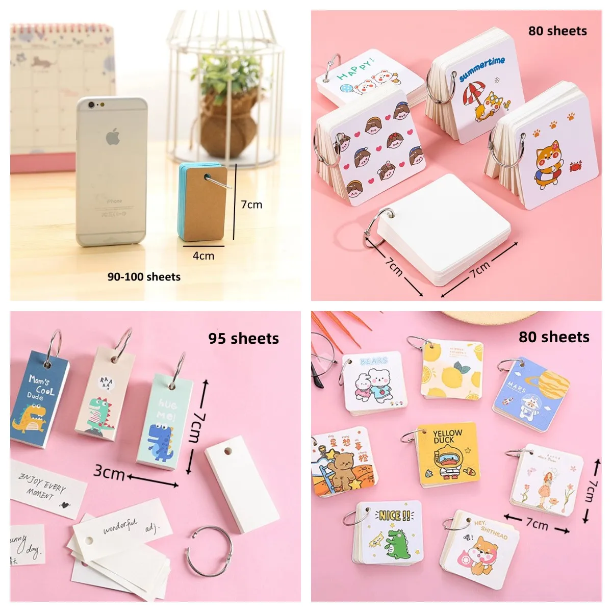 90-100 Sheets/Pack Flash Cards Blank Study Cards With Binder Ring Mini Blank Study Cards Memo Card DIY Note Book Message Card