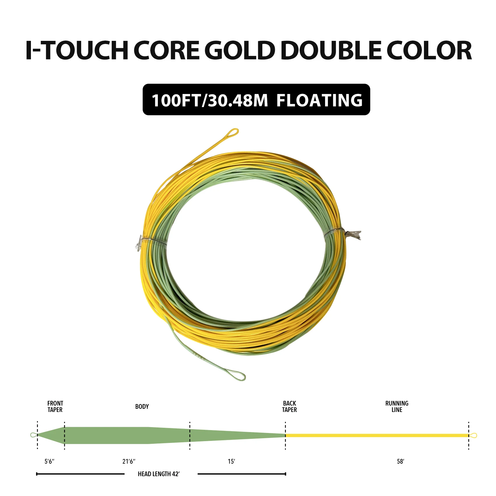 Linha de Pesca com Mosca Aventik I-Touch Core 3-8wt Dourada Bicolor com Núcleo Trançado Revestido em PVC de Baixa Elasticidade 42FT com Controle de Laço Estável na Ponta