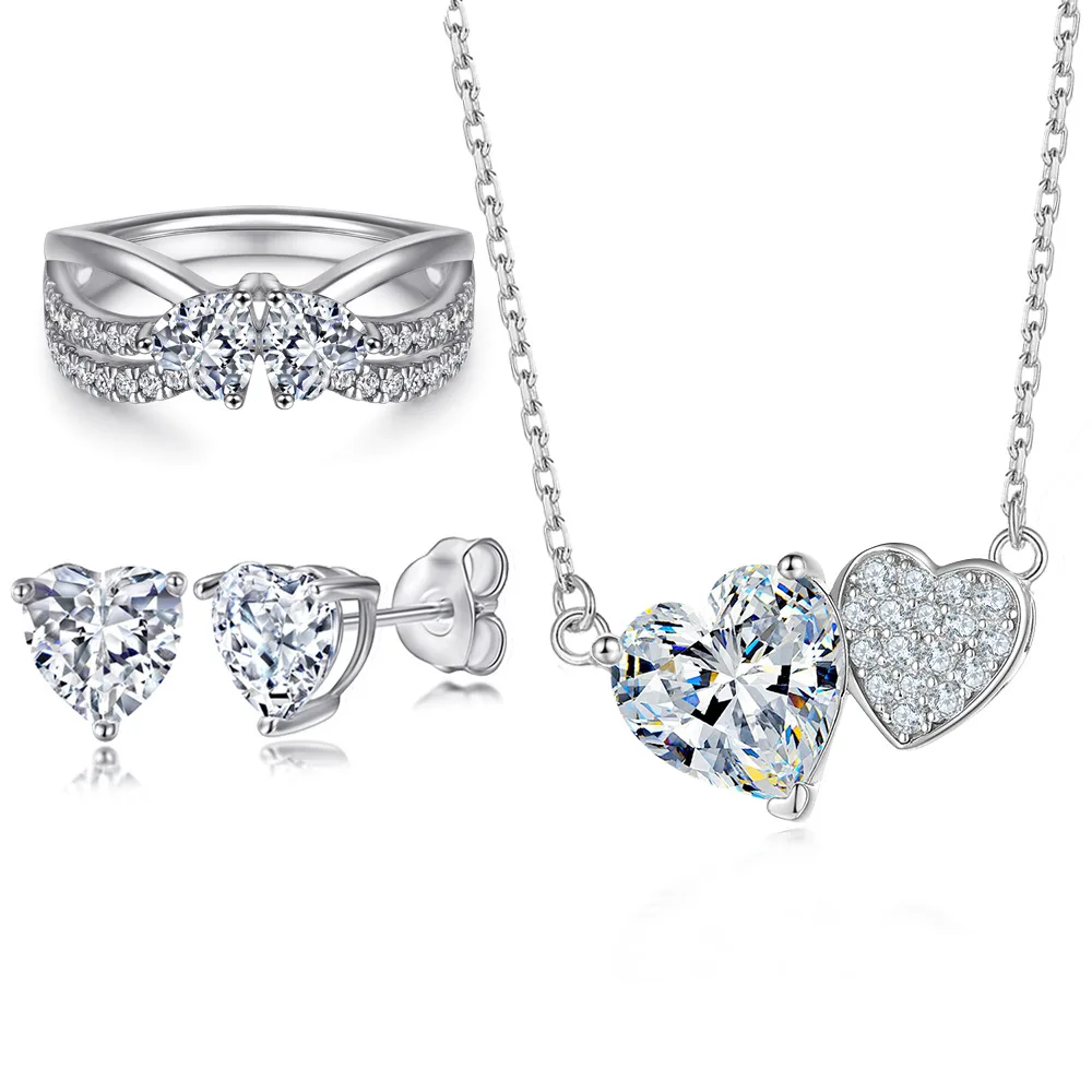 

18-каратное золото PT950, платина, серебро S925, 7-слойное гальваническое золотое кольцо, ожерелье в форме сердца, комплект серег с двойным сердцем и драгоценными камнями