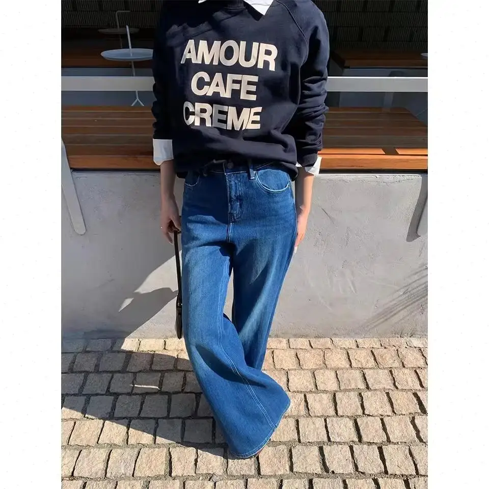 2025 Autumn Female Jeans Flare Pants Low Waist Women Vintage Solid Denims Pockets Distressed Trousers Streetwear Floor Length