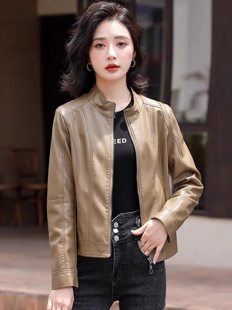 New Women Spring Autumn Biker Leather Jacket Fashion Stand Collar Easy match Short Leather Coat Casual Split Leather Jacket