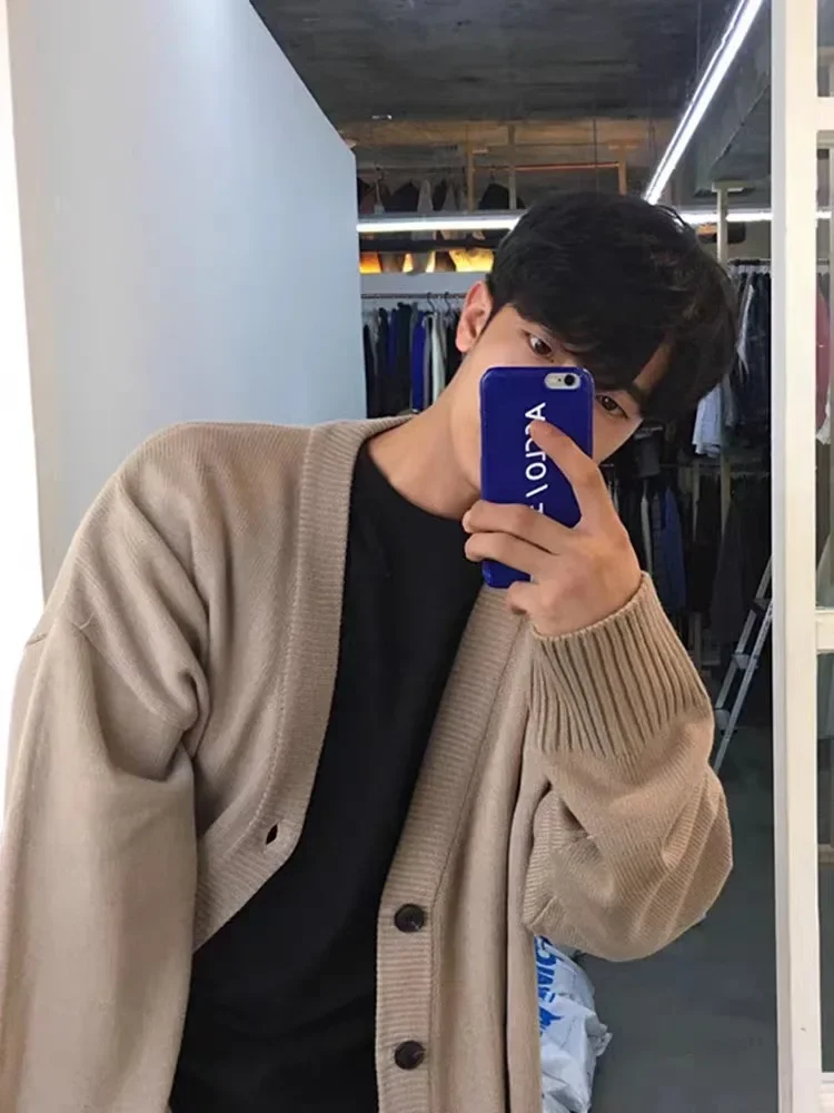 Men's Wear Knitted Sweater Loose V-neck Single-breasted Solid Color Knitted Cardigan Coat 2023 Autumn New