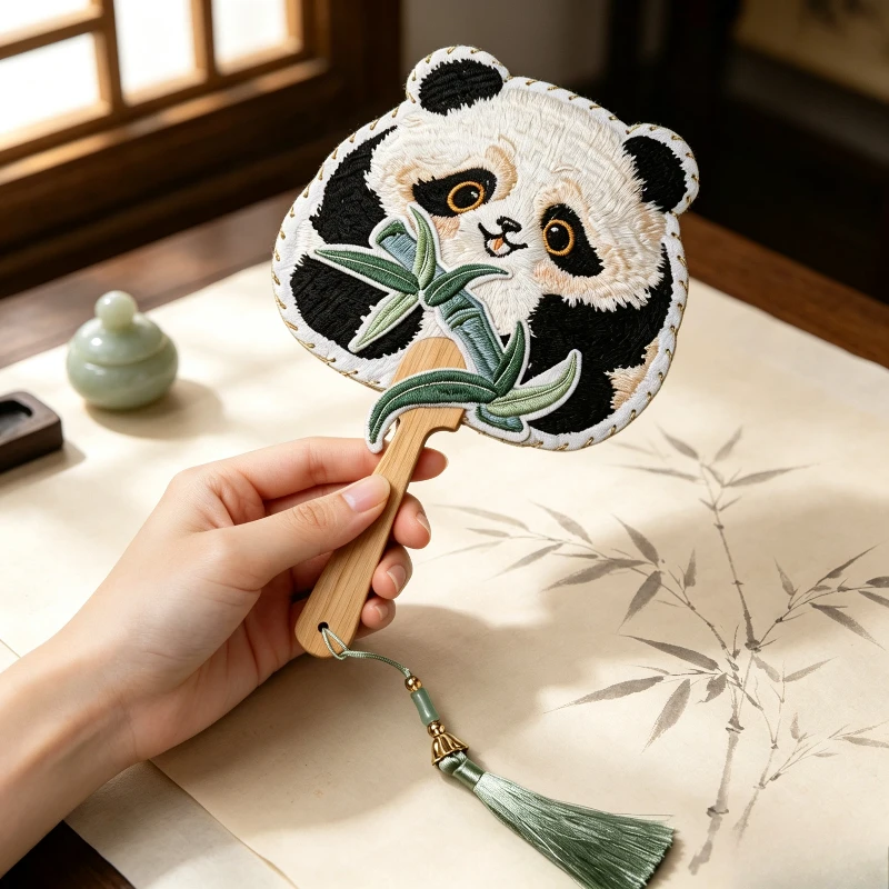 Panda Embroidered Hand Fan Chinese Style Palace Fan with Tassel Hanfu Accessory for Dance Performance Vintage Art Gift