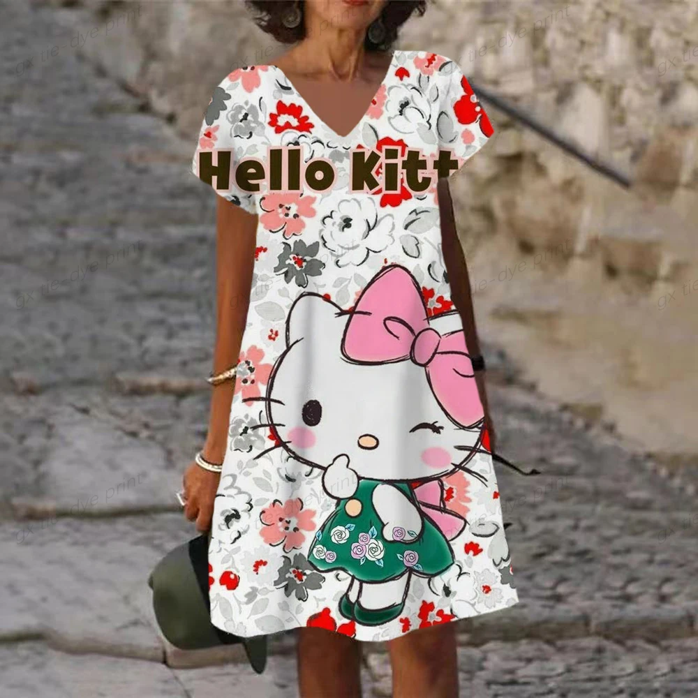 

Hello Kitty Printed Painting Dresses V-Neck Short Sleeve Abstract Pattern Women Dress Oversized Summer Casual Femme Sundress