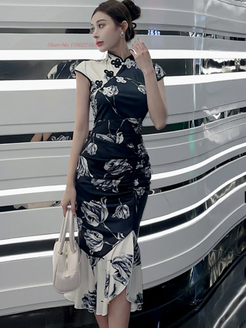 チャイナドレス-花柄のノースリーブドレス,伝統的なイブニングドレス,セクシーなqipao,中国のヴィンテージ,2022