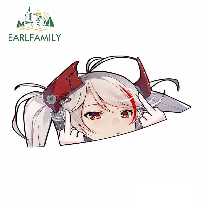 EARLFAMILY Prinz Eugen Peeker Car Sticker Big Head Anime Vinyl JDM Rear Windshield Trunk Decal Cartoon Car Styling