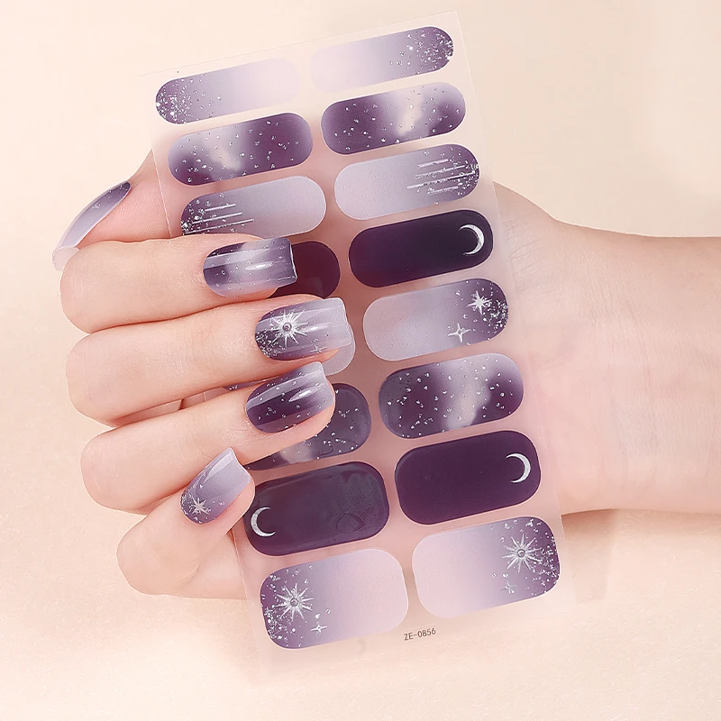 16Tips Gradient Full Cover Nail Polish Strips Glitter Star Moon Self-Adhesive Nail Wraps DIY Manicure Decoration Nail Sticker
