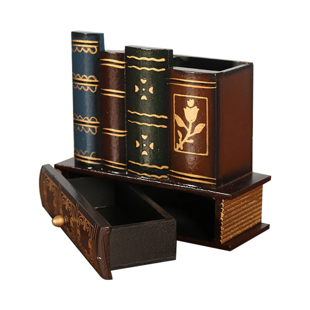 Pen Holder Ornament Multi-function Wooden Brush Pot Office Fake Book Multi-purpose Container Student with Drawer