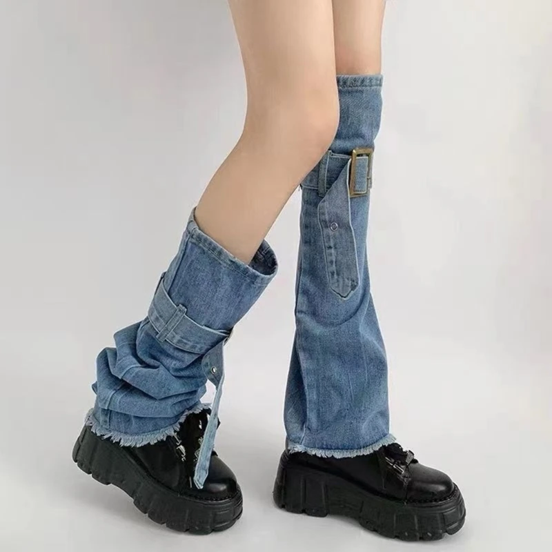 Distressed Blue Jeans Leg Warmer with Buckled Straps Punk Over Knee Flared Socks Dropshipping