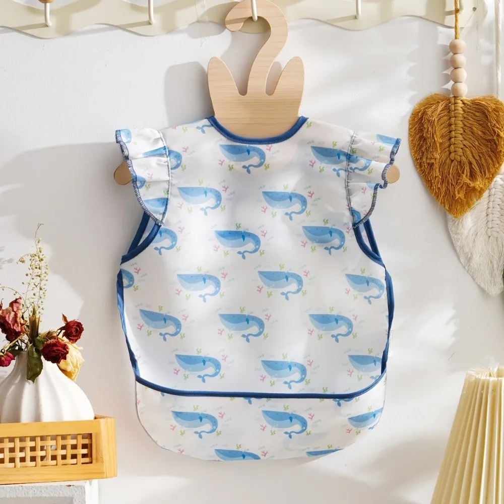Machine Washable Sleeveless Bib Cartoon Pattern Easy To Clean Waterproof Smock Bib Pocket Design Mess-Proof Feeding Bib Babies