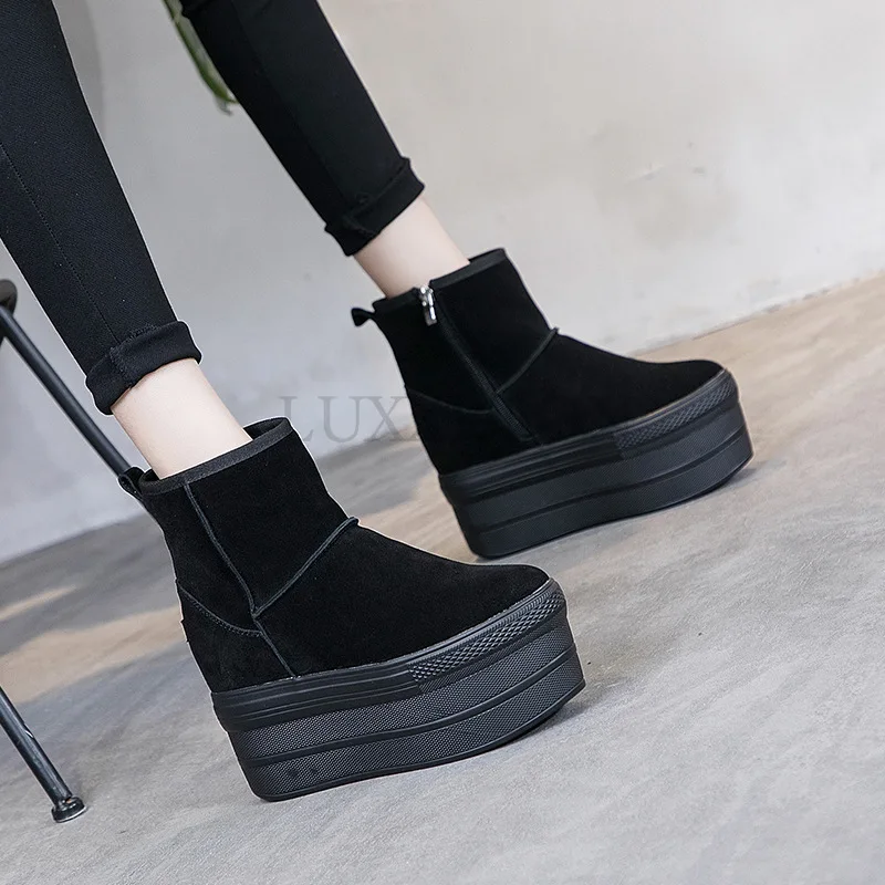 Platform Woman Ankle Boots Thick Heels Winter Suede Round Toe Shoes Wedge High Heels Black Zipper Female Boots for Workers