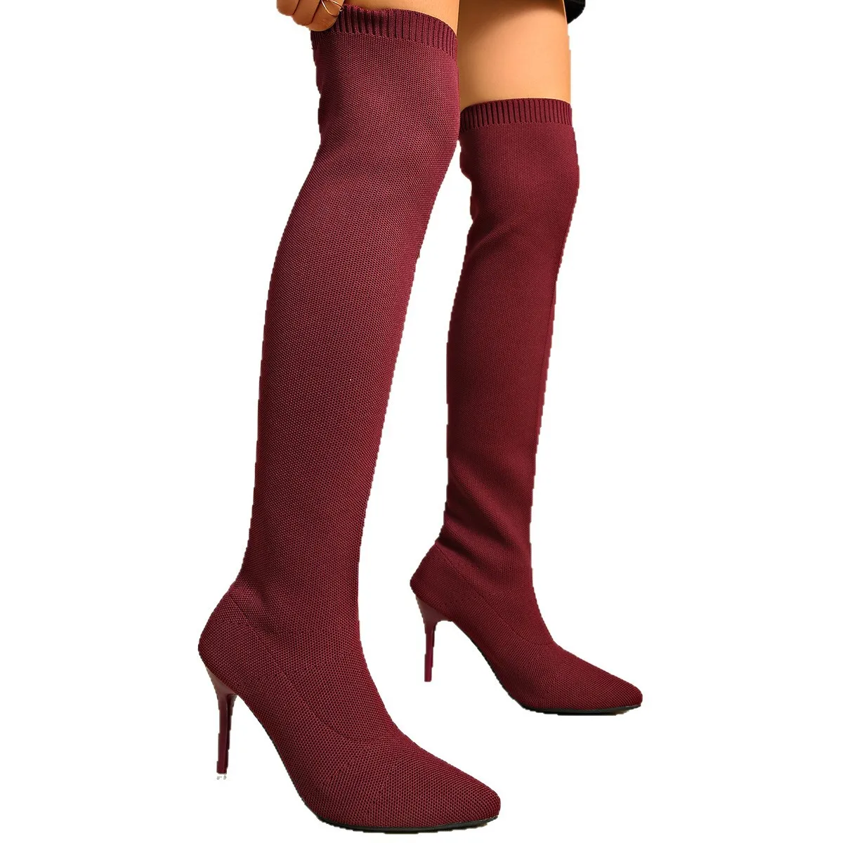 Botas de calcetín hasta la rodilla, zapatos de tacón alto y diseño delgado para mujer, botas largas de punto con punta afilada, color vino y marrón, con estampado, ideales para fiestas, 9 cm.