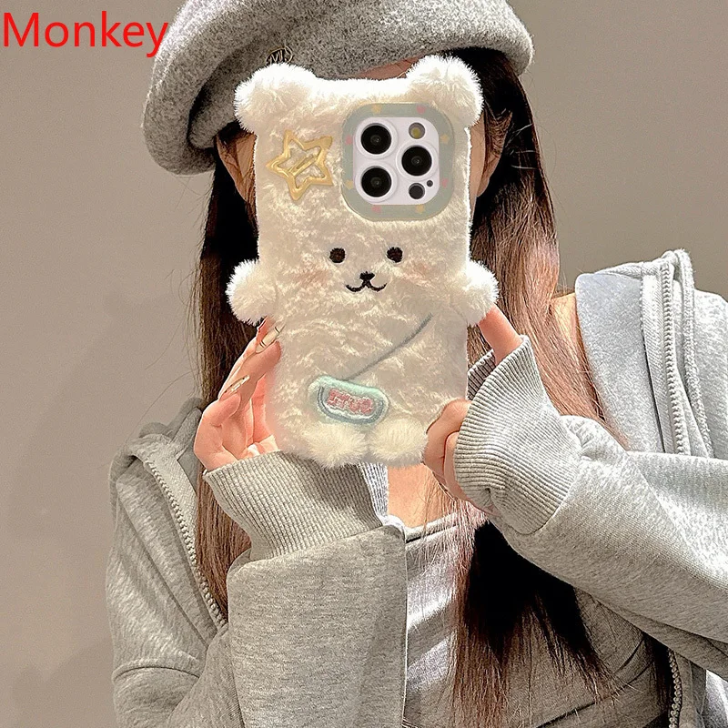 3D Ins Cute Cartoon Backpack Bear iPhone Cases For iPhone 16 Pro Max Case 15 14 Plus 13 12 11 Warm Winter Plush Soft Phone Cover