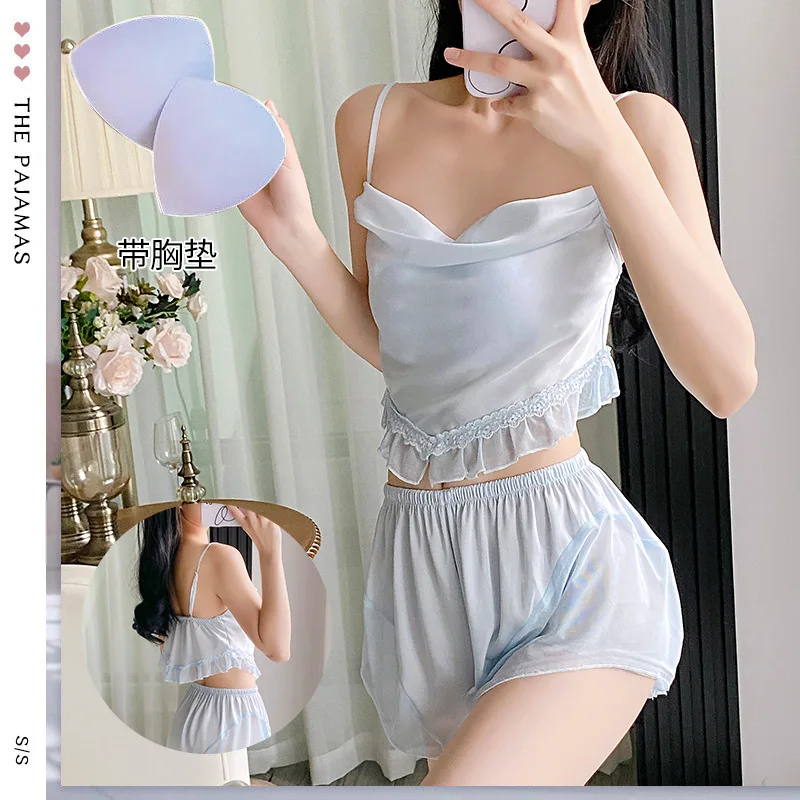 

Silk Satin Camisole Shorts Pajama Set with Built in Bra Comfortable Sleepwear Loungewear
