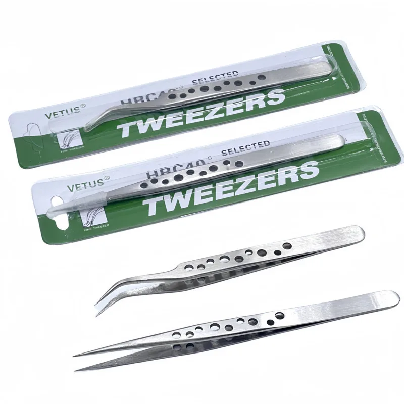 Electronics Industrial Stainless Steel Precision Perforated Tweezers with Pointed Elbows, Frosted and Glossy Nine Hole Tweezers