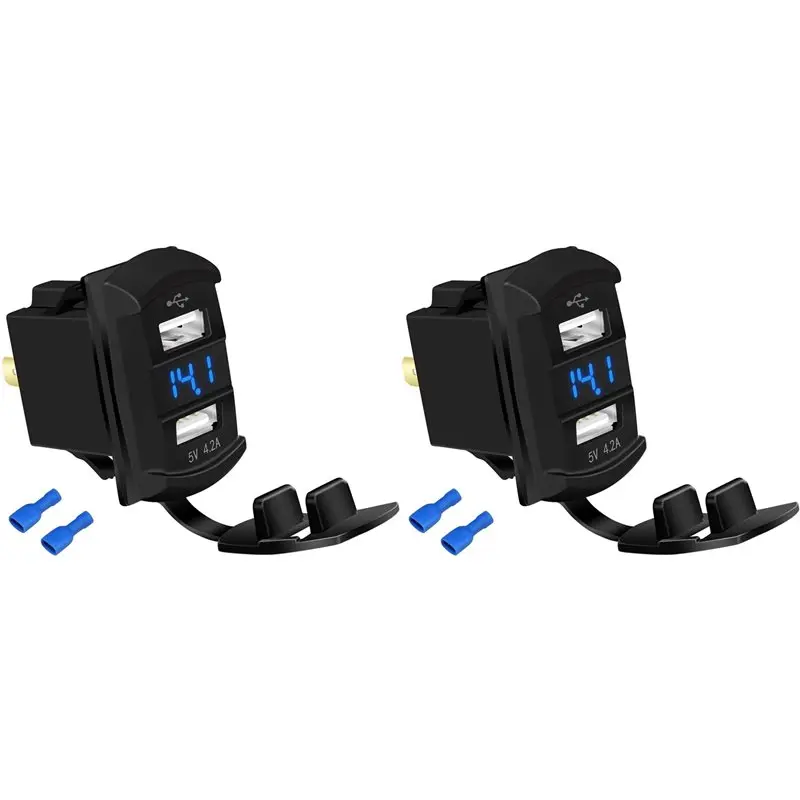 Powerful 2X Marine USB Rocker Switch 12V Dual Ports 4.2A Waterproof Outlet Socket Digital Voltmeter Blue