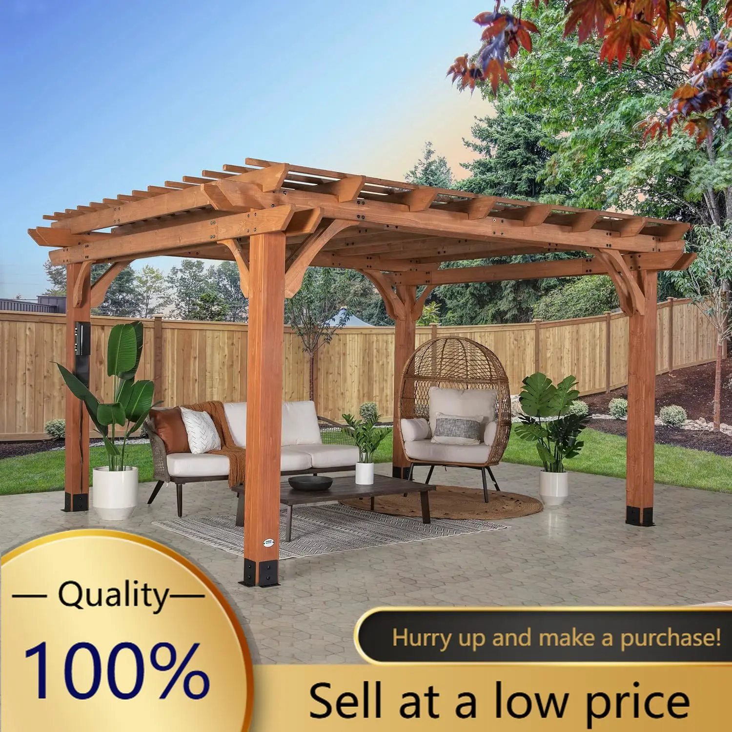 Beaumont 14' x 12' Traditional Cedar Wood Pergola Kit with Trellis Roof, All-Season Durability, High-Wind Rating, PowerPort, Sha