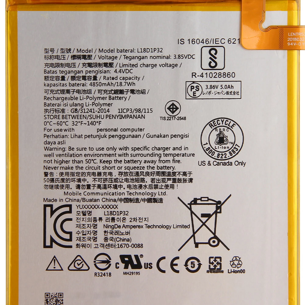 Original Replacement Battery L18D1P32 For Lenovo Smart Tab M10 Tablet Battery 4850mAh