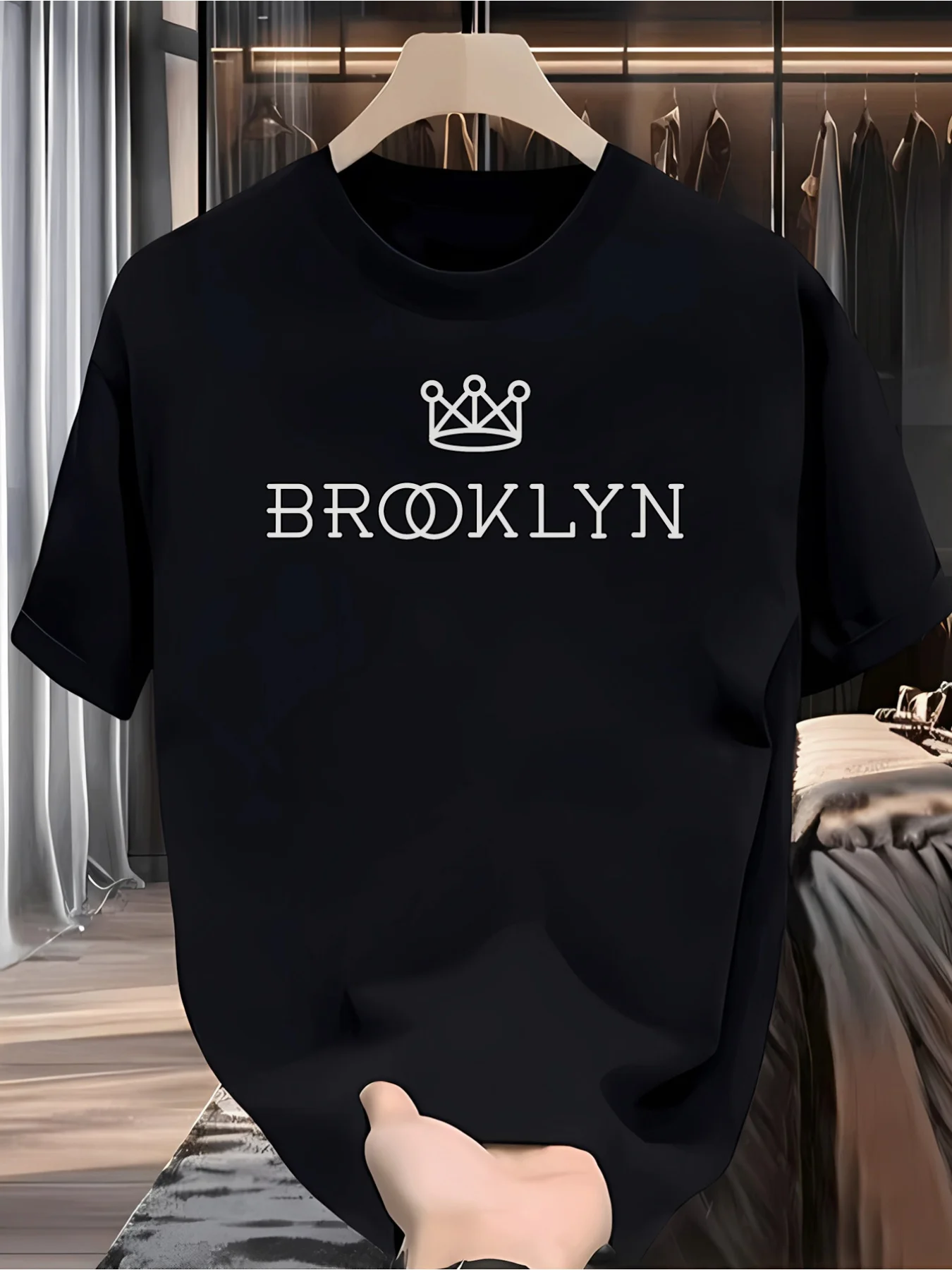 Men'S Short-Sleeve T-Shirt Featuring A Brooklyn Crown Design, Made From. It Has A Soft, Slightly Stretchy Round Neck, Making It