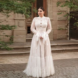 Customized High Neck Wedding Dresses Plus Size Long Sleeves A-Line Bride Gowns Back Lace-up Lace Sweep Train Vestidos De Novia