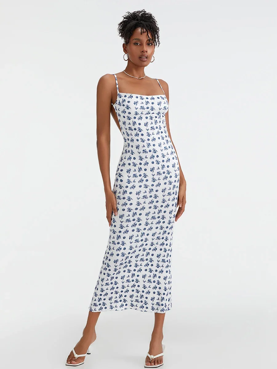 

Women's Floral Backless Maxi Dress Spaghetti Strap Bodycon Sleeveless Long Slip Dress Sundress