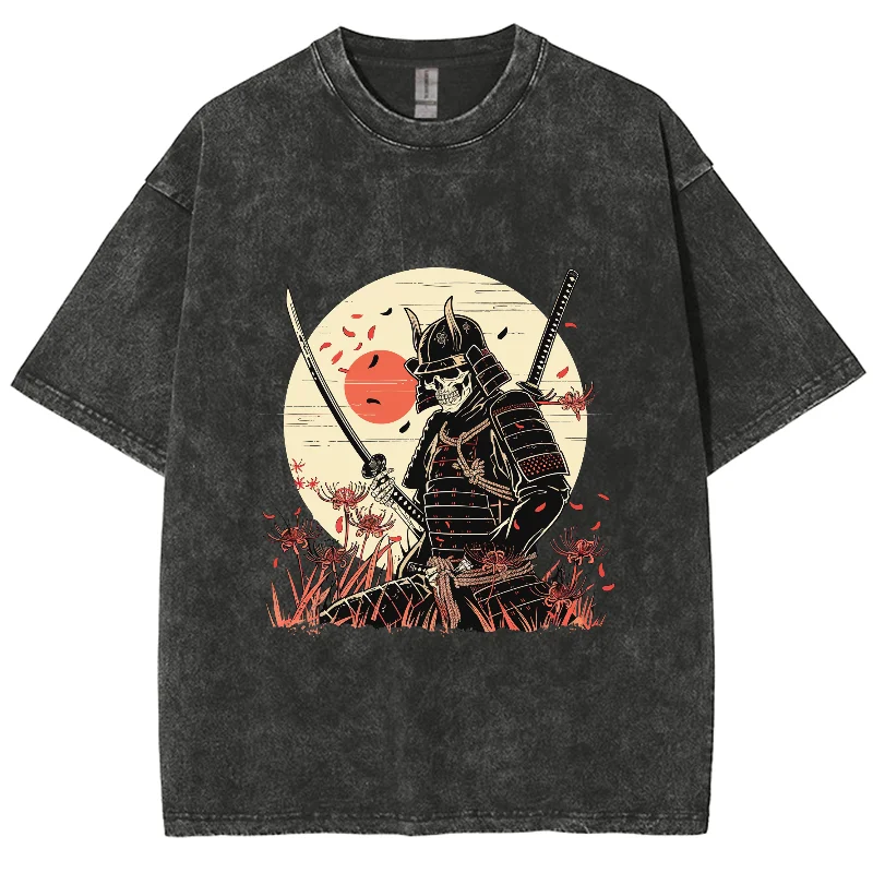 

Japanese Skull Samurai Print Women's T-Shirt Unisex Wash Denim Oversized Short Sleeve High Street Hip Hop Fashion Top Everyday