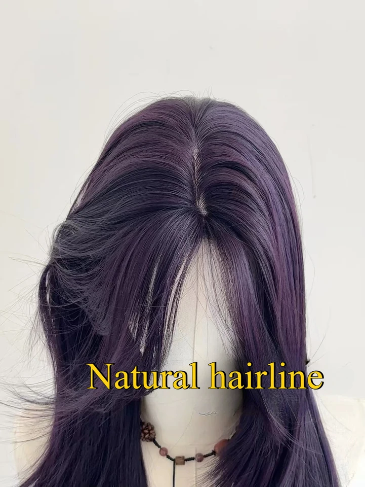 Peluca sintética color púrpura oscuro Ashley para mujer, 22 pulgadas, cabello largo con flequillo cortina, lacia y en capas, para cosplay y Lolita 5