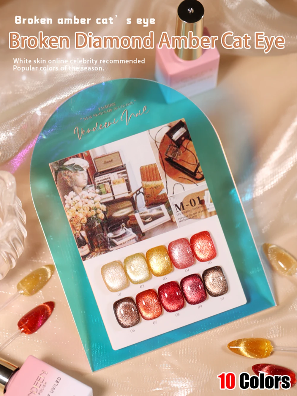 Vendeeni 10 Farben Bernsteinfarbener Diamant-Katzenaugen-Gel-Nagellack Glitzer Magnetischer UV-Soak-Off-Gel-Lack Reflektierender Gel-Lack – Detail 1