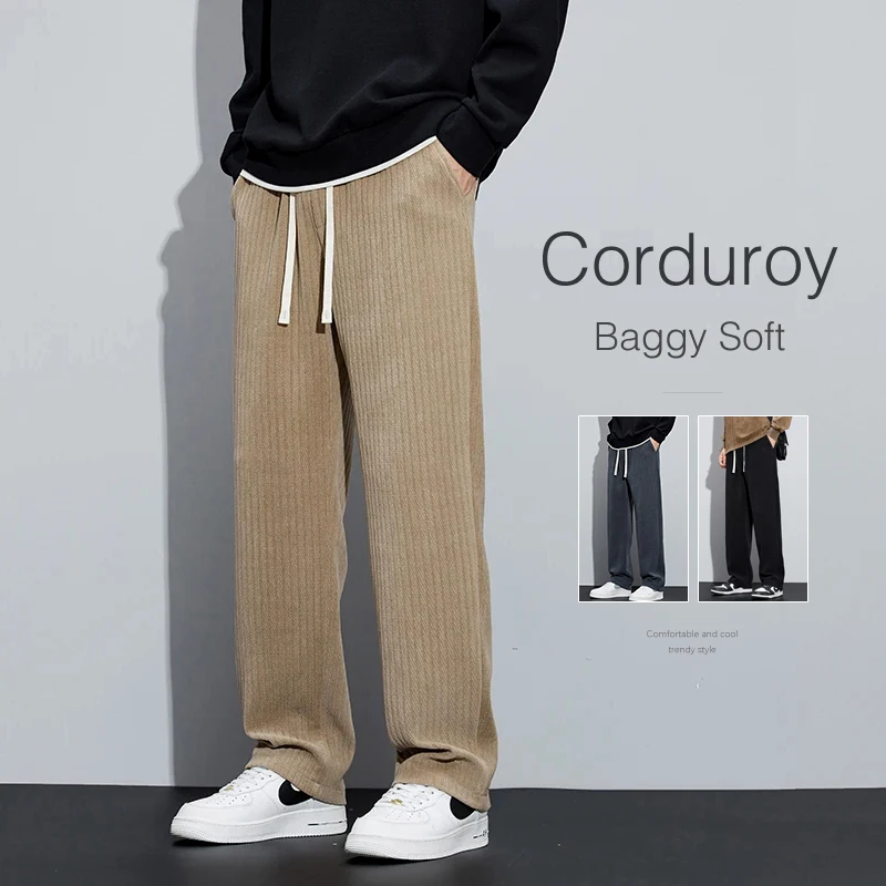 

Corduroy Men's Baggy Casual Pants Elasticity Soft Khaki Black Fashion Korean Streetwear Autumn Drawstring Straight Trousers