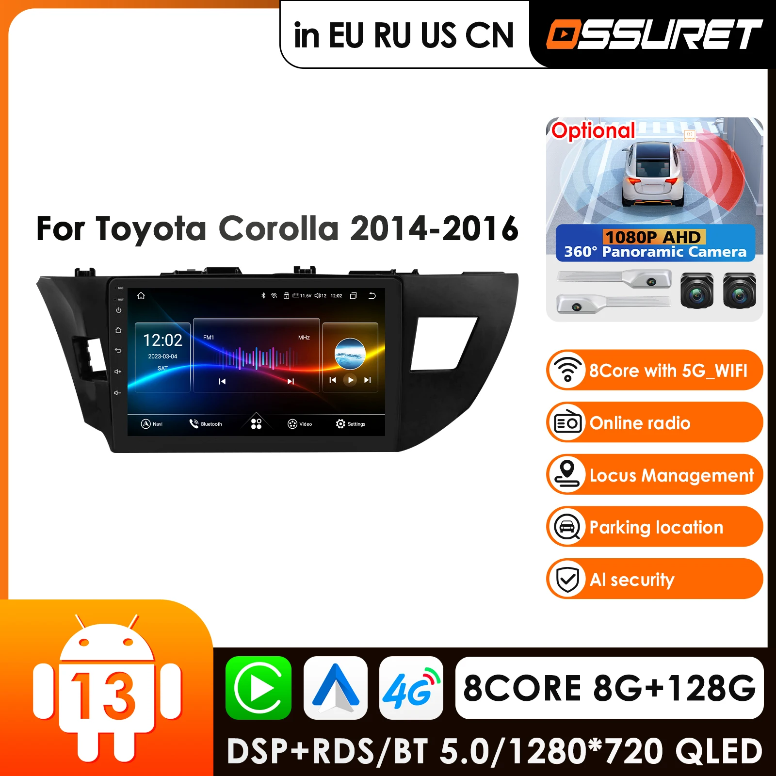 

9-дюймовый беспроводной Carplay Android Auto автомобильный мультимедийный плеер для Corolla 2014 2015 2016 левый Carplay 4G авторадио 360 ° Камера Видео