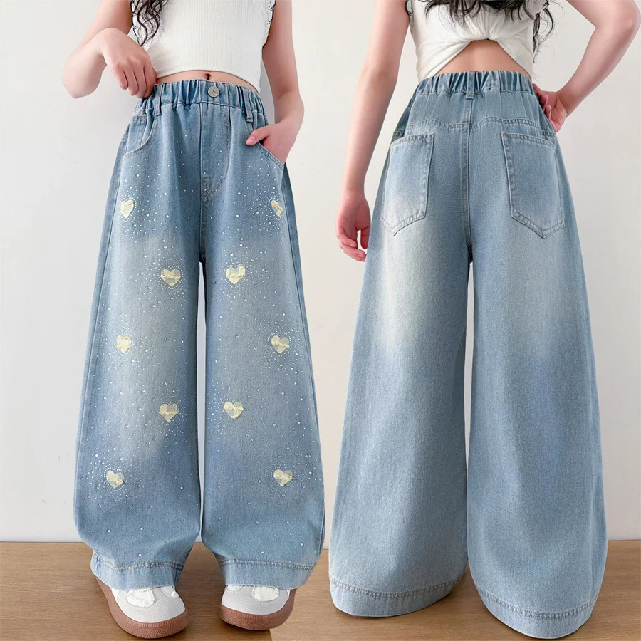 

New Arrival Spring Autumn Kids Girls Designer Fashion Straight Fit Crystal Jeans with Hearts for Children Stylish Denim Pants