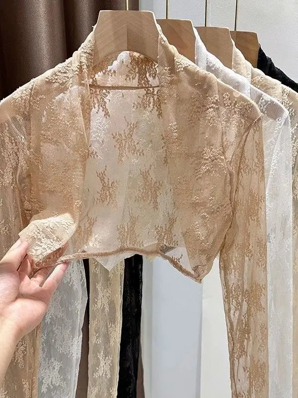 2025 Nouvelle dentelle brodée Protection solaire f Sve Cardigan Strap Dr Cover up ort Longueur Vêtements d'extérieur Me Top Fas pour femmes...