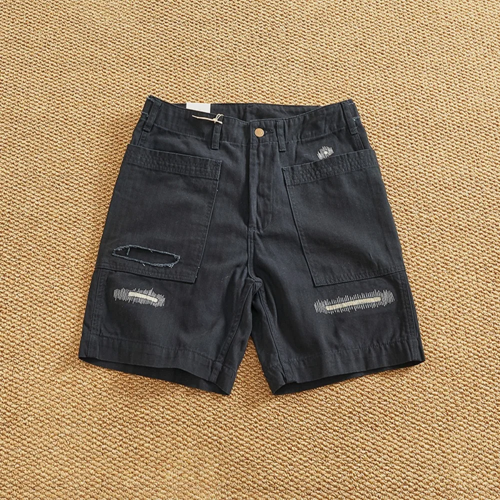 Retro Personality Patch Patch Shorts Men's Pure Cotton Fish Bone Pattern Woven Mid-pants Five-point Pants