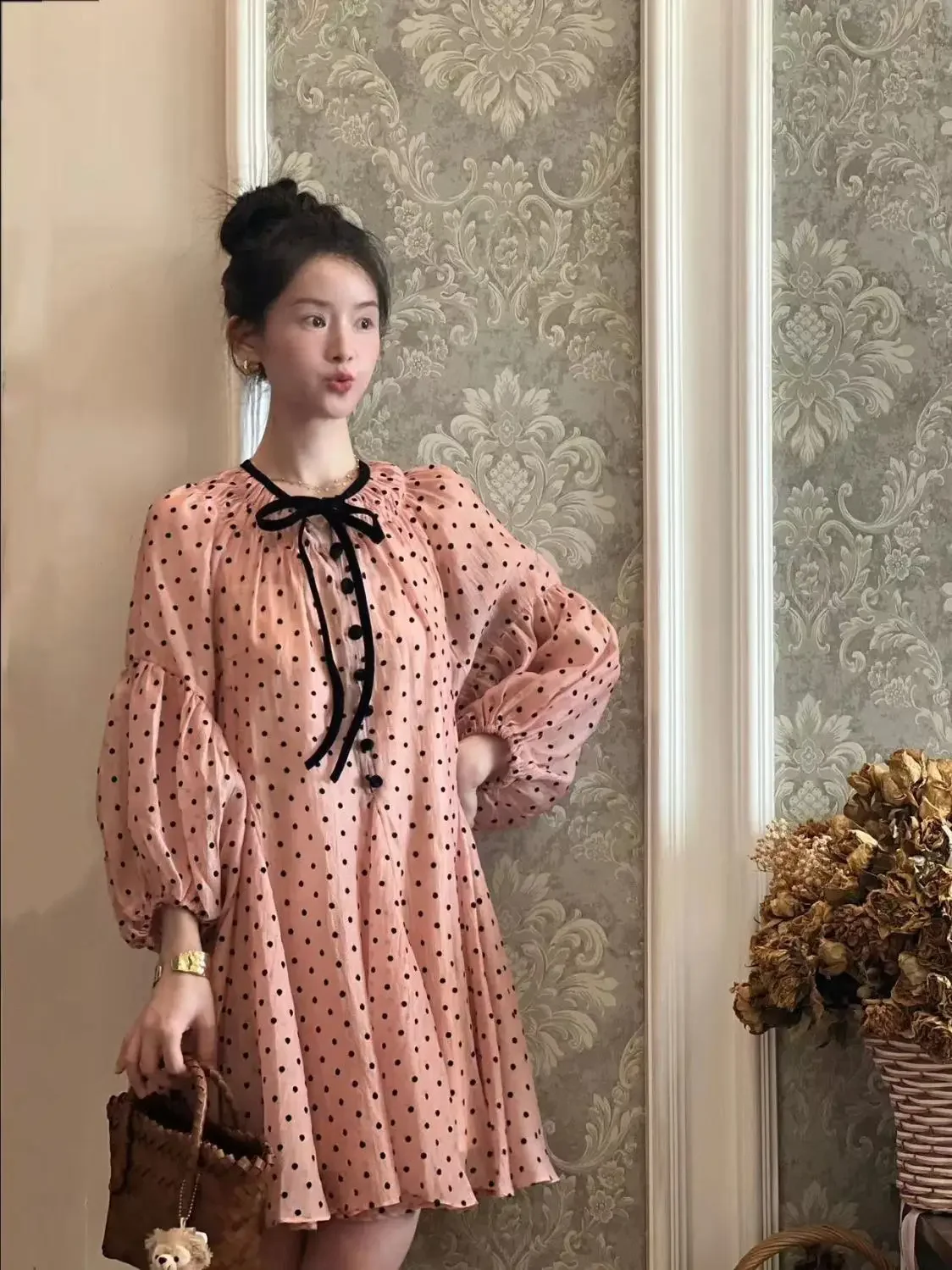 Gagarich French Sweet Pink Polka Dot Long Sleeved Dress Spring Autumn Feminine Slimming Temperament Lace Up Short Vestidos