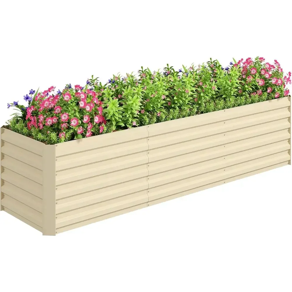 Elevated Garden Bed Kit, Outdoor Metal Planter Box with Safety Edging, Ideal for Flowers, Herbs, and Vegetables, Cream White