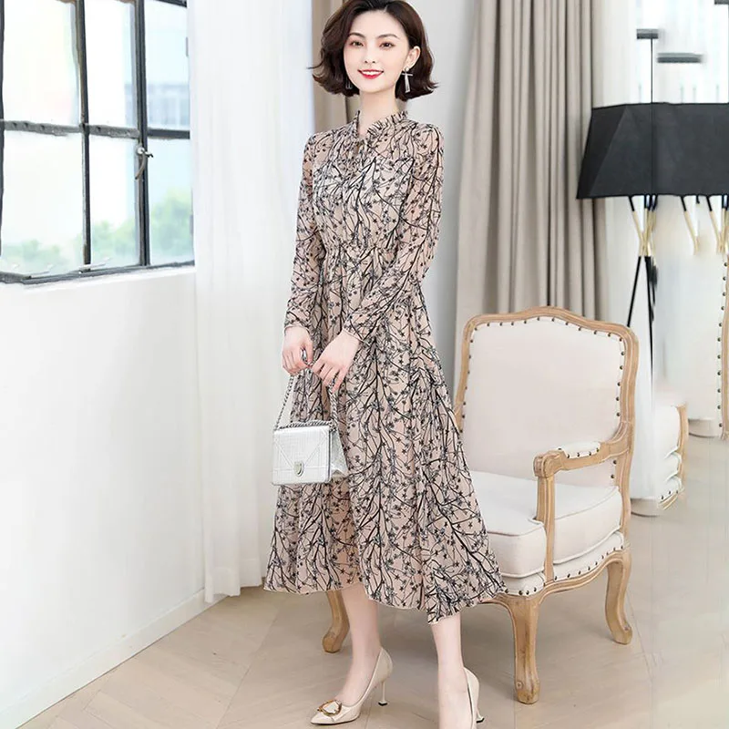 Spring Summer New Floral Long-sleeved Dress Women's Fashion Lotus Collar Chiffon Printed Dresses Long Female Pullover Dresses