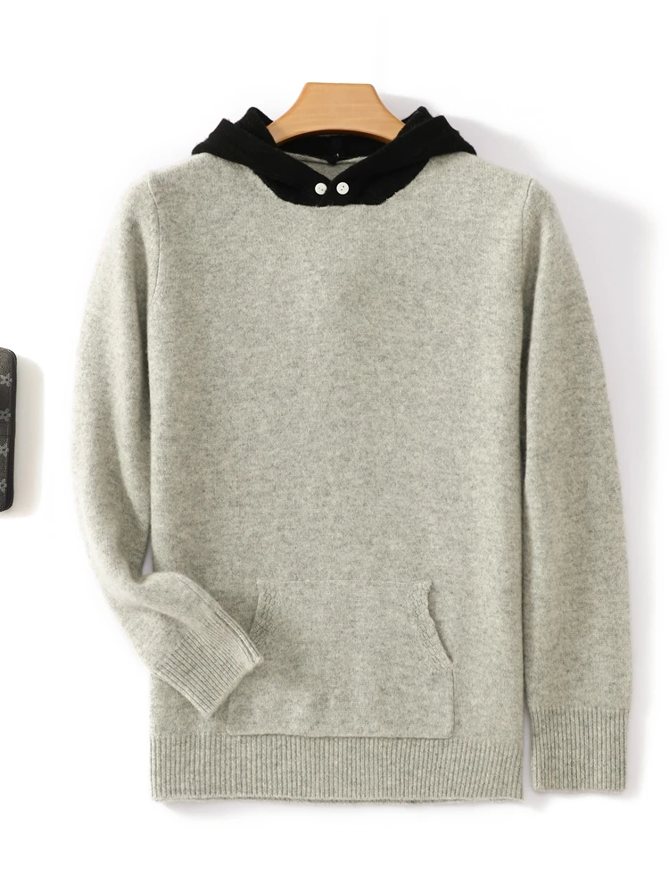 

100% Merino Wool Knitwear Autumn Winter Men's Hooded knitted Sweater Thick Soft Warm Pullover Casual Male Clothes Classical Tops