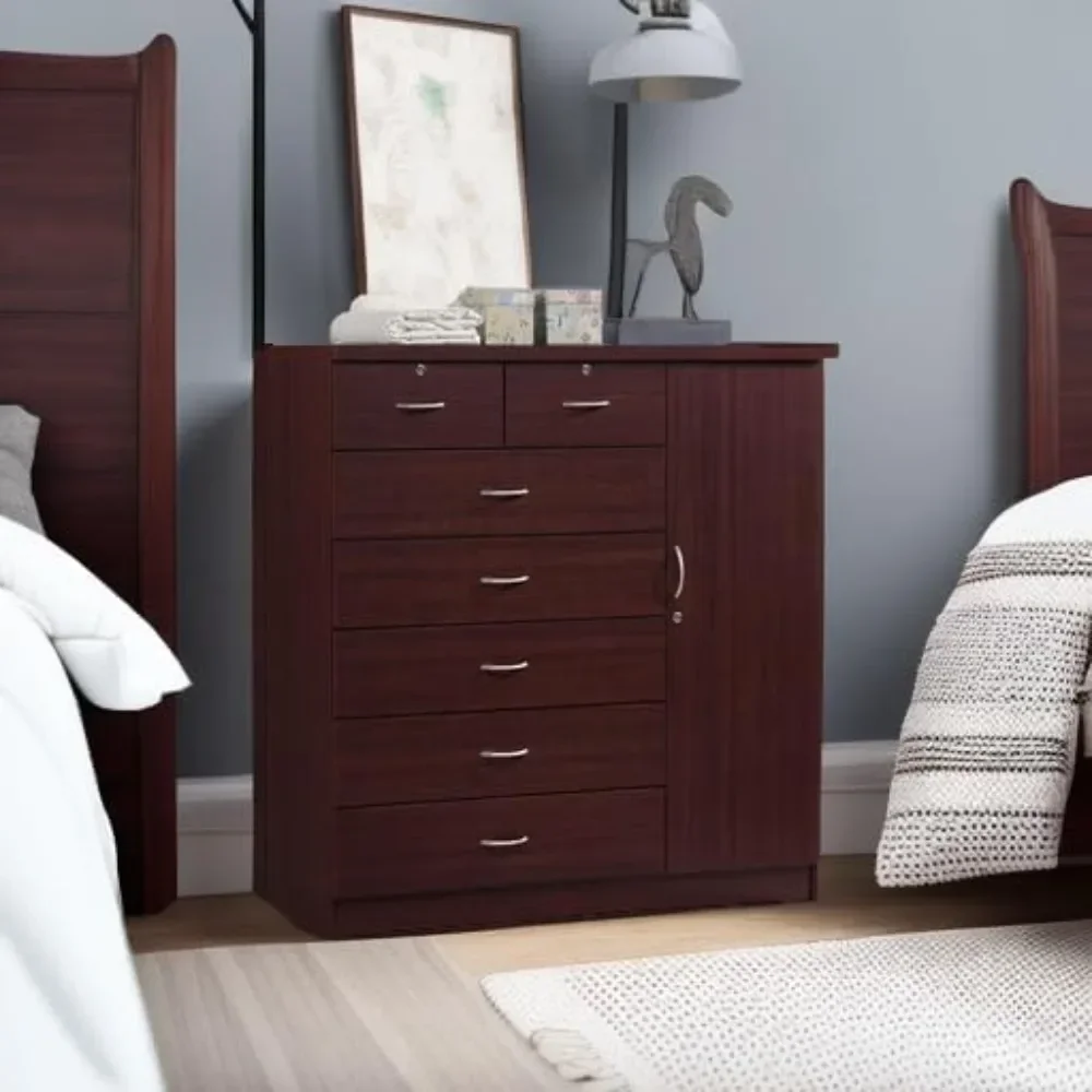 ##For 7 Drawer Jumbo Chest, Five Large & Two Smaller Drawers with Two Lock, Hanging Rod, and Three Shelves | Mahogany,&