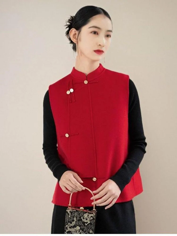 

Красный шерстяной жилет женский, осенне-зимняя модная верхняя одежда, прямой крой, без этикетки, остатки складских запасов, национальный стиль, с наплечниками